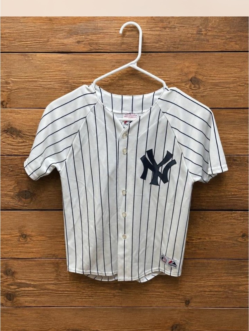 Majestic White Pinstripe Kids Baseball Jersey with Navy Logo